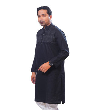 Short Panjabi -  Black Color Embroidered & Block Printed Panjabi