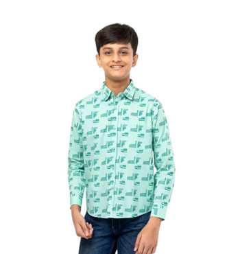 Boy Kids - Mint Green Printed Cotton Shirt