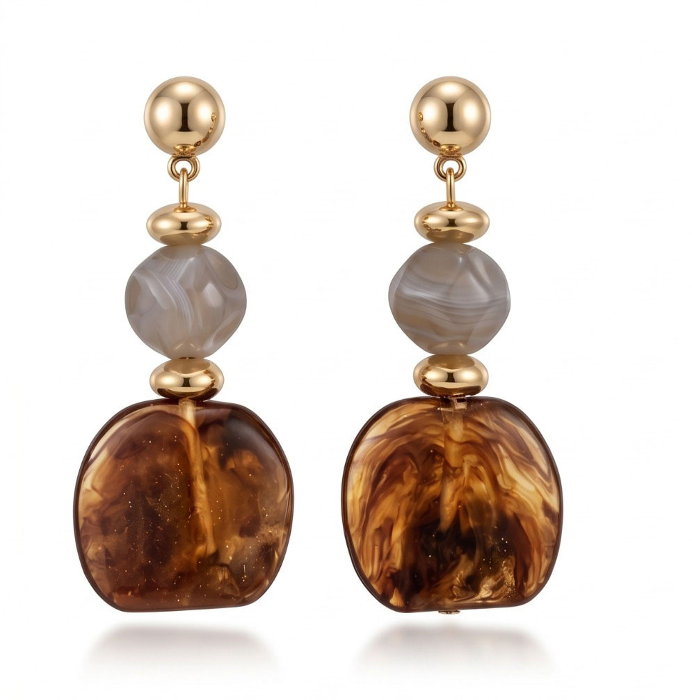Artisan Gold Tiered Gray and Tortoiseshell Amber Resin Drop Earrings
