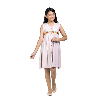 Baby Girls - Cool Beige Textured and Embroidered Mixed Cotton Frock