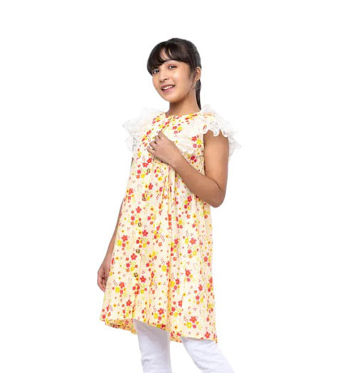 Kids Frocks - Yellow Printed Cotton Frock