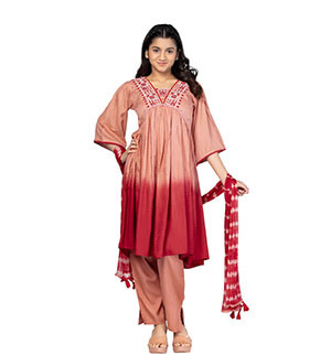 Girls Kids -  Peach Dyed and Embroidered Cotton Shalwar Kameez