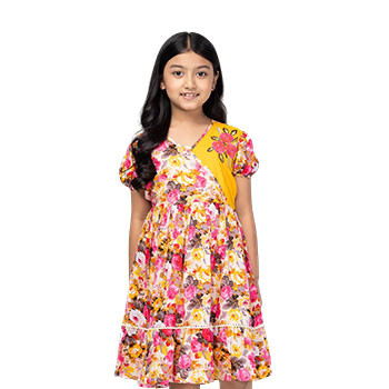 Kids Frocks  -  Pastel Yellow Printed and Embroidered Linen Frock