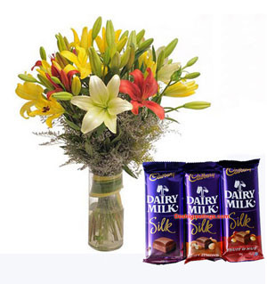 Cocoa Lily Delight: A Sweet Bouquet of Lilies and Chocolate with Vase