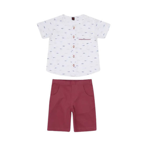 Baby Boys - White Printed Cotton Shirt Pant Set