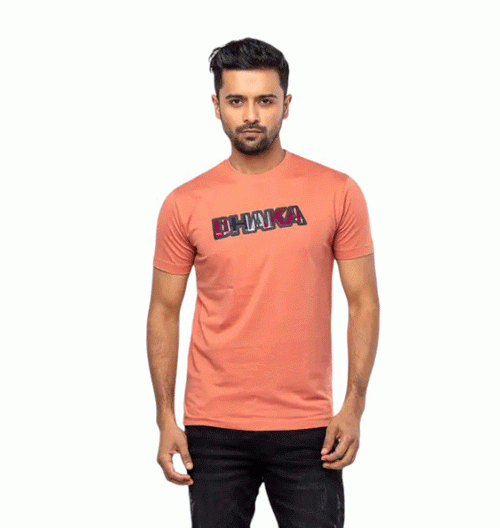 Dark Coral Printed Cotton T-Shirt For Men