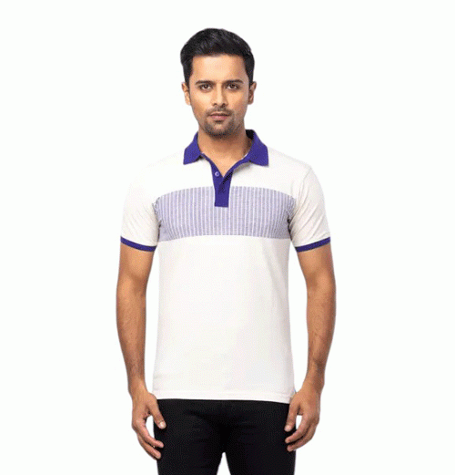 White Mixed Cotton Polo Shirt For Men