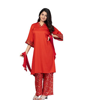 Girls Kids -   Fiery Red Printed and Embroidered Mixed Cotton Shalwar Kameez