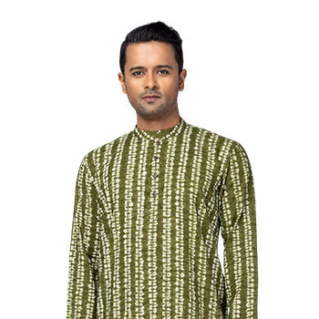 Olive/White Textured and Tie-Dyed Cotton Panjabi
