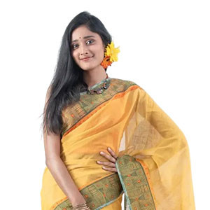 Sharee -  Cotton sharee features screen-print, handwork & embroidery work.