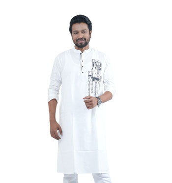 Short Panjabi -  Block Design White Color Cotton Panjabi