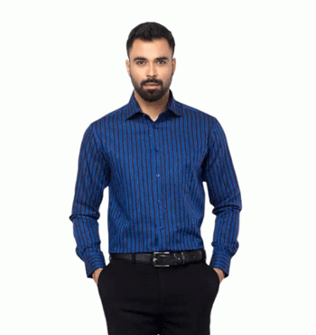 Blue Stripe Printed Mixed Cotton Executive Shirt For Men