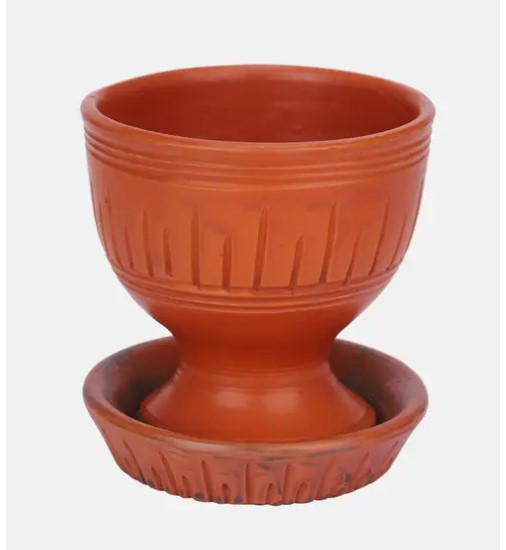 Pottery Showpiece  -  Clay Terracotta Round Flower Tub With Plate- Small