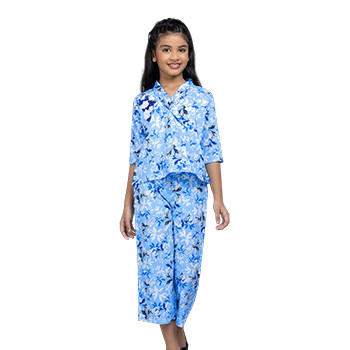 Shalwar Kameez  - Sky Blue Printed and Embroidered Cotton Pant Top Set