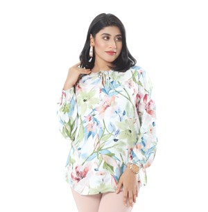 Fresh and Chic: White Leaf Print Women's Short Tops