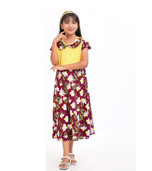 Yellow and Burgundy Viscose A-line Frock