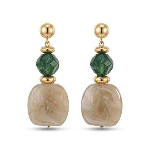 Artisan Gold Tiered Emerald-Green and Marble-Effect Resin Drop Earrings