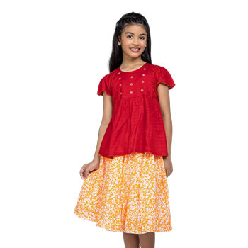 Shalwar Kameez  -   Red Embroidered Cotton Skirt Top Set