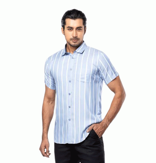 Blue Striped Cotton Fitted Shirt For Men