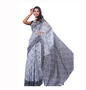 High Quality Screen Printed Half Silk Sharee For Women