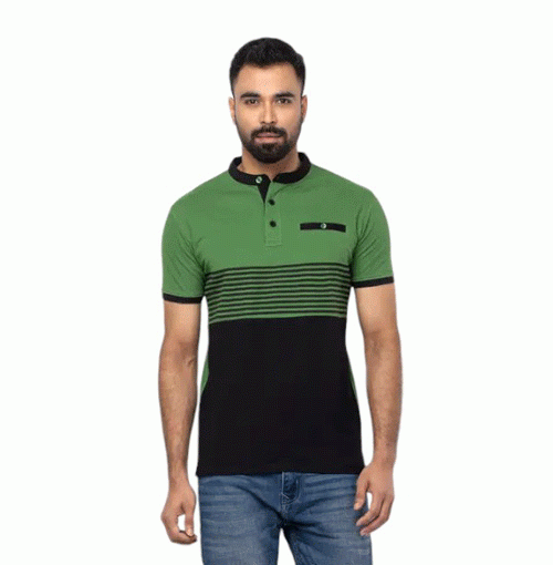 Green/Black Mixed Cotton Polo Shirt For Men