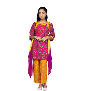 Girls Kids -   Magenta Printed and Embroidered Linen Shalwar Kameez