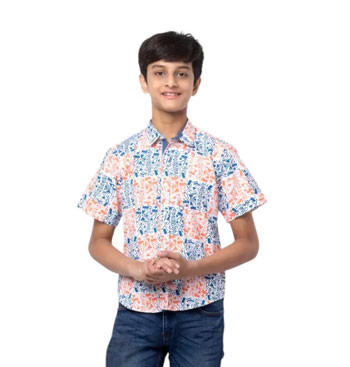Boy Kids - Dark Teal/Coral Printed Viscose-Cotton Shirt