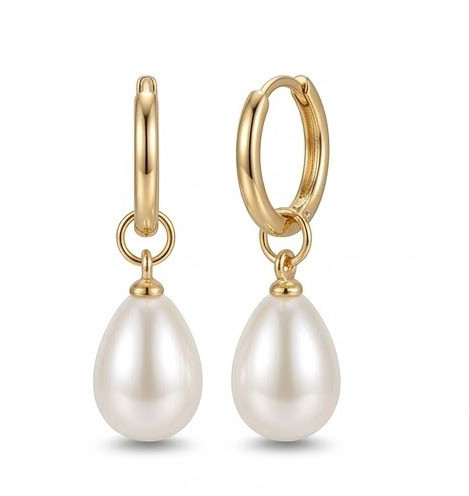 Elegant Gold Huggie Hoop Teardrop Pearl Dangle Earrings
