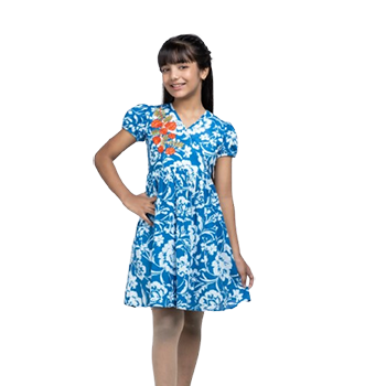 Baby Girls - Cyan/Blue Printed and Embroidered Cotton Frock