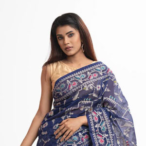 Women’s Navy Blue Half-Silk Sharee