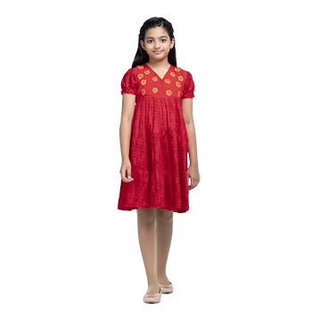 Baby Girls - Red Printed and Embroidered Linen Frock