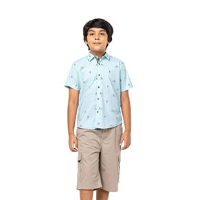 Boy Kids - Pale Cyan Embroidered and Printed Cotton Shirt