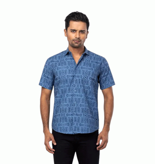 Slate Blue Printed Cotton Shirt For Men