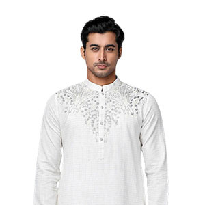 Panjabi - Ivory Embroidered Cotton Slim Fit Panjabi