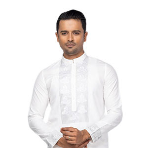 Panjabi - White Printed and Embroidered Viscose-Cotton Slim Fit Panjabi