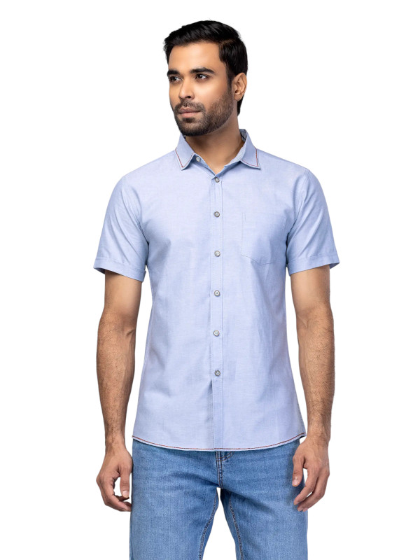 Casual Half Sleeve  -  White/Blue Striped Cotton Fitted Shirt For Men