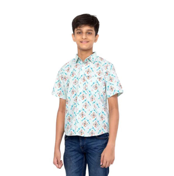 Boy Kids - Mint Blue Printed Cotton Shirt