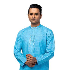 Panjabi -Light Blue Embroidered Cotton Check Panjabi