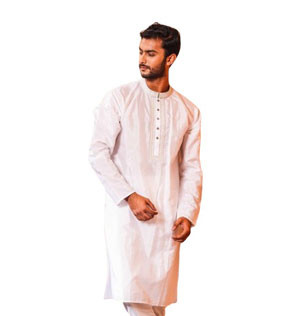 Short Panjabi -  White jacquard design cotton Panjabi