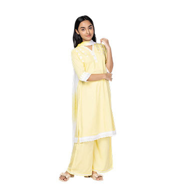 Girls Kids - Yellow Embroidered Linen Shalwar Kameez