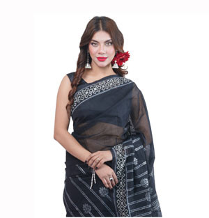 Special Top Quality Fashionable Black Color Half Silk Sharee For Women