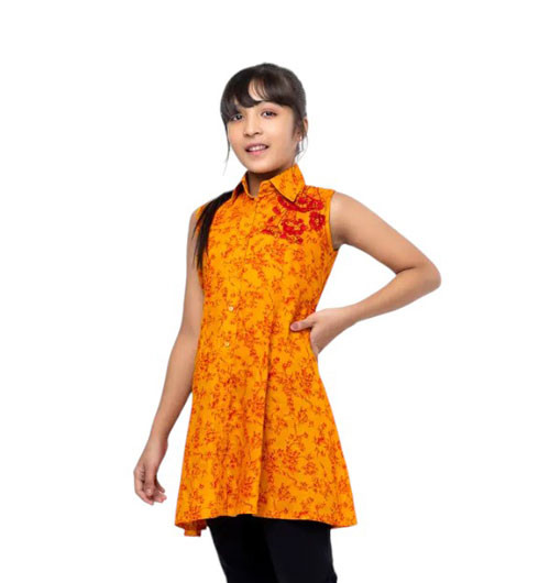 Kids Frocks  -  Orange Printed and Embroidered Voile Frock