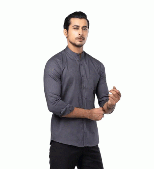 Charcoal Black Cotton Fitted Shirt For Men