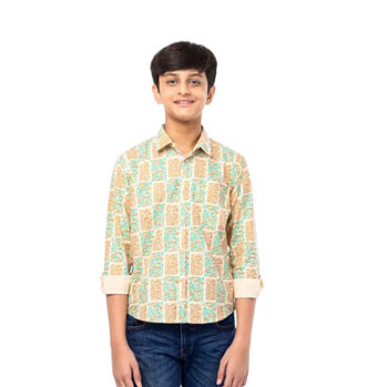 Boy Kids - Beige Printed Cotton Shirt