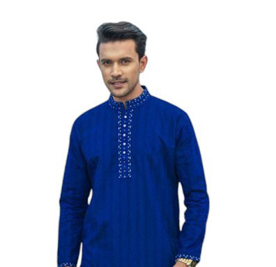 Short Panjabi -  Blue color design cotton embroidered Panjabi