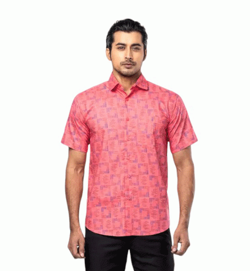 Coral Pink Printed Cotton Shirt For Men