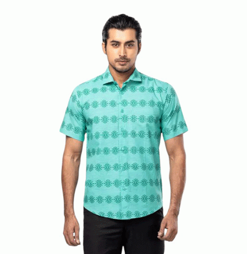Green Printed Cotton Shirt For Men