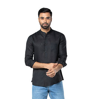 Casual Full Sleeve - Black Ramie-Cotton Fitted Shirt For Men