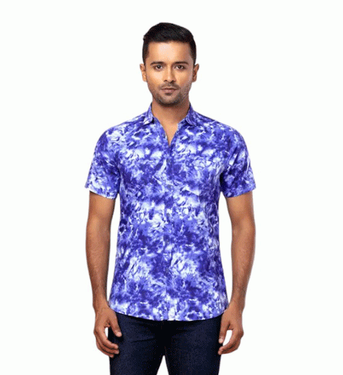 Blue Printed Cotton Fitted Shirt For Men