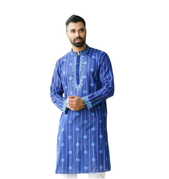 Short Panjabi -  Blue colour printed & embroidered cotton Panjabi